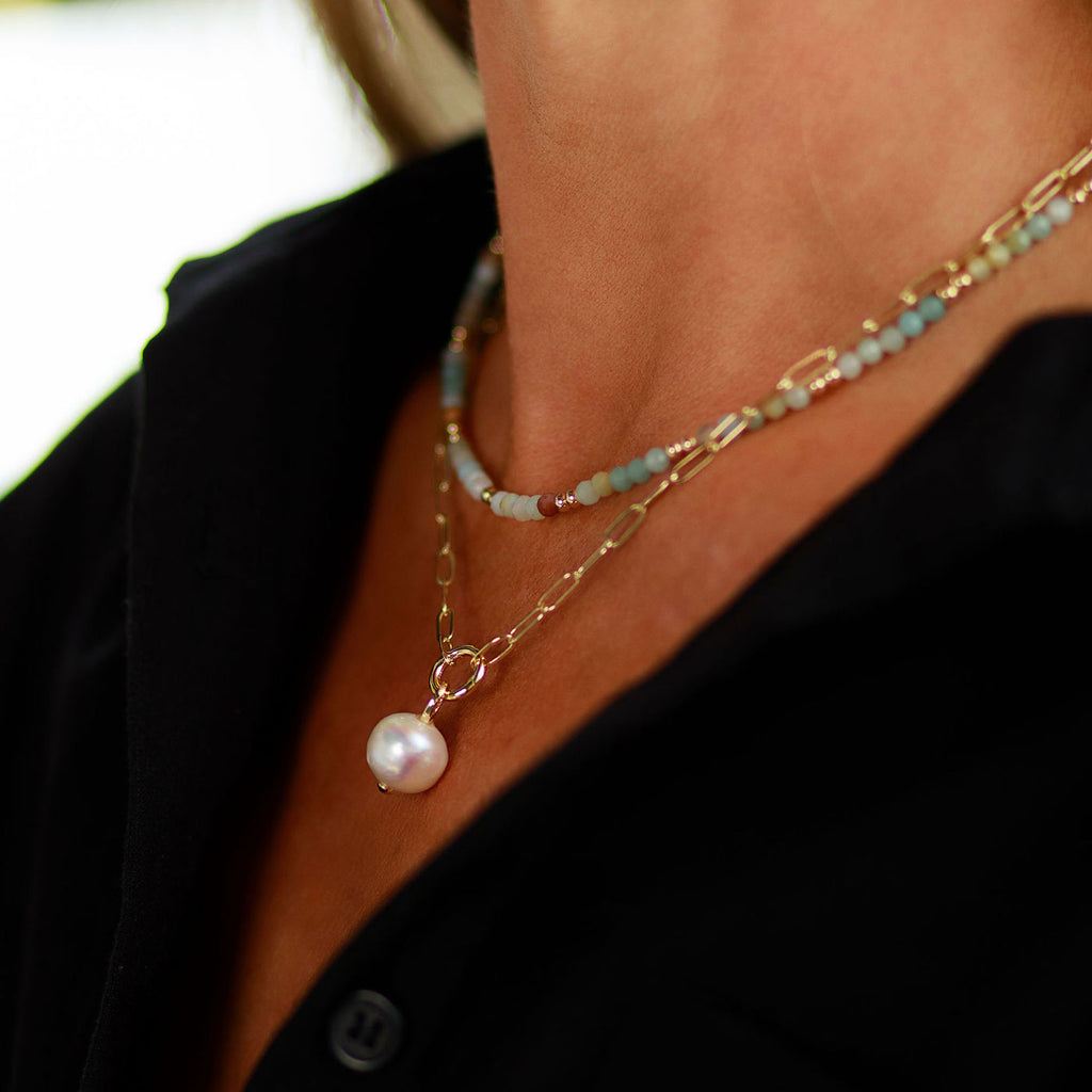 Regina Necklace with oversized 18mm round freshwater pearl pendant on an 18kt gold-filled paperclip chain
