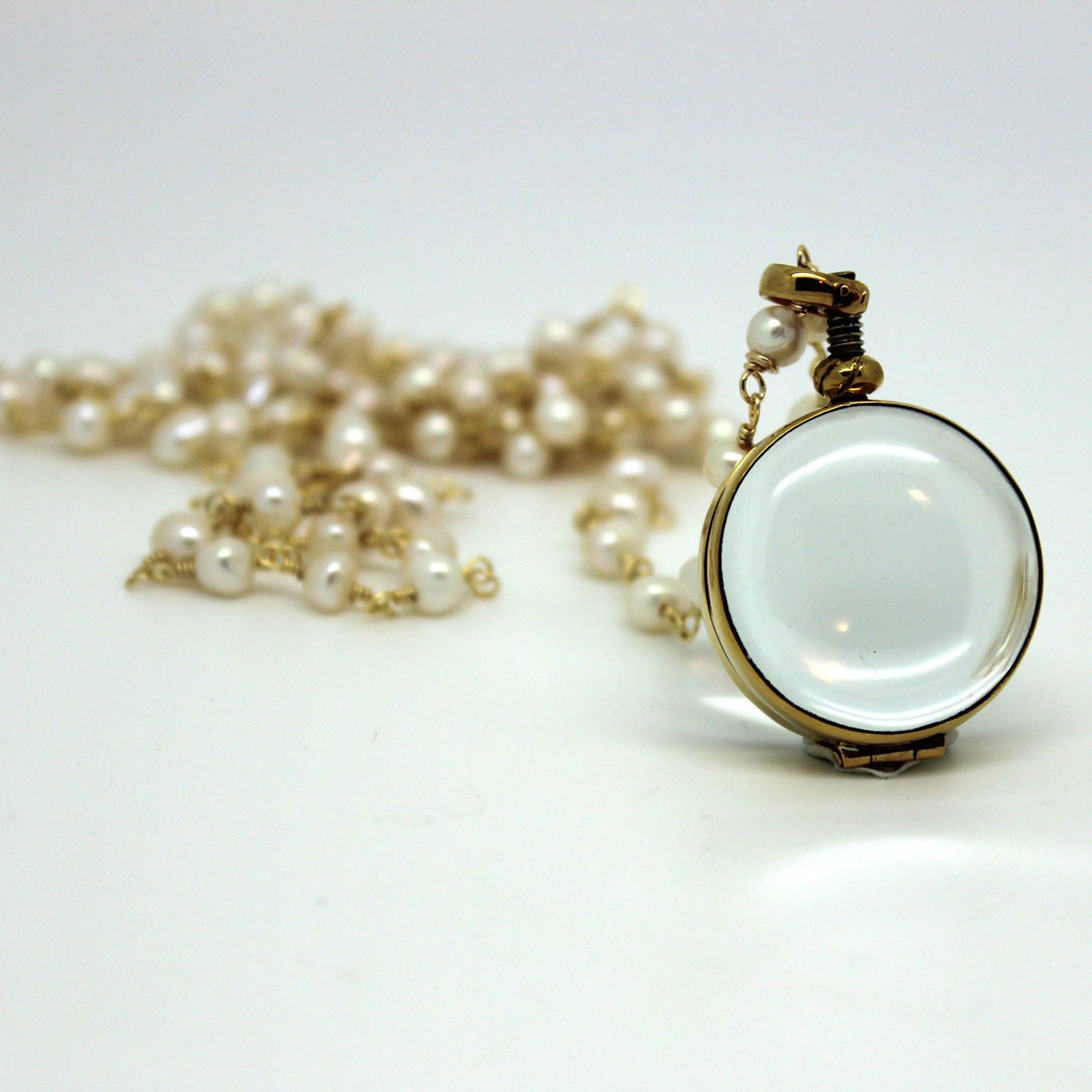Glass Locket with labradorite chain, pearl chain, silver and gold chain ...