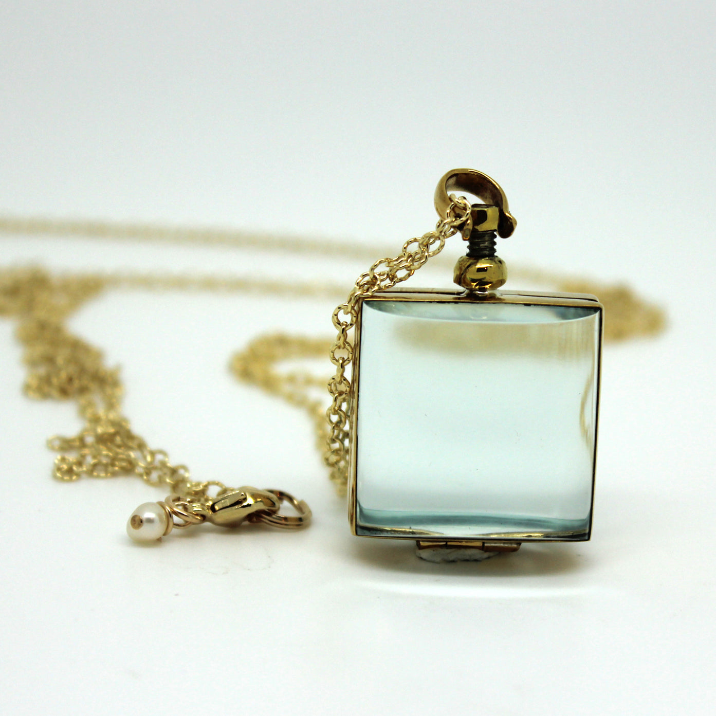 Glass Locket with labradorite chain, pearl chain, silver and gold chain ...