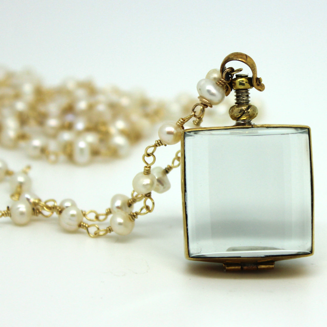 Glass Locket with labradorite chain, pearl chain, silver and gold chain ...