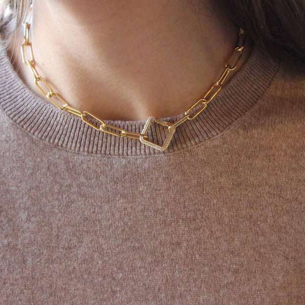 Paper clip necklace with a pendant clasp in 18kt gold-filled  deigned by Margie Edwards Jewelry 